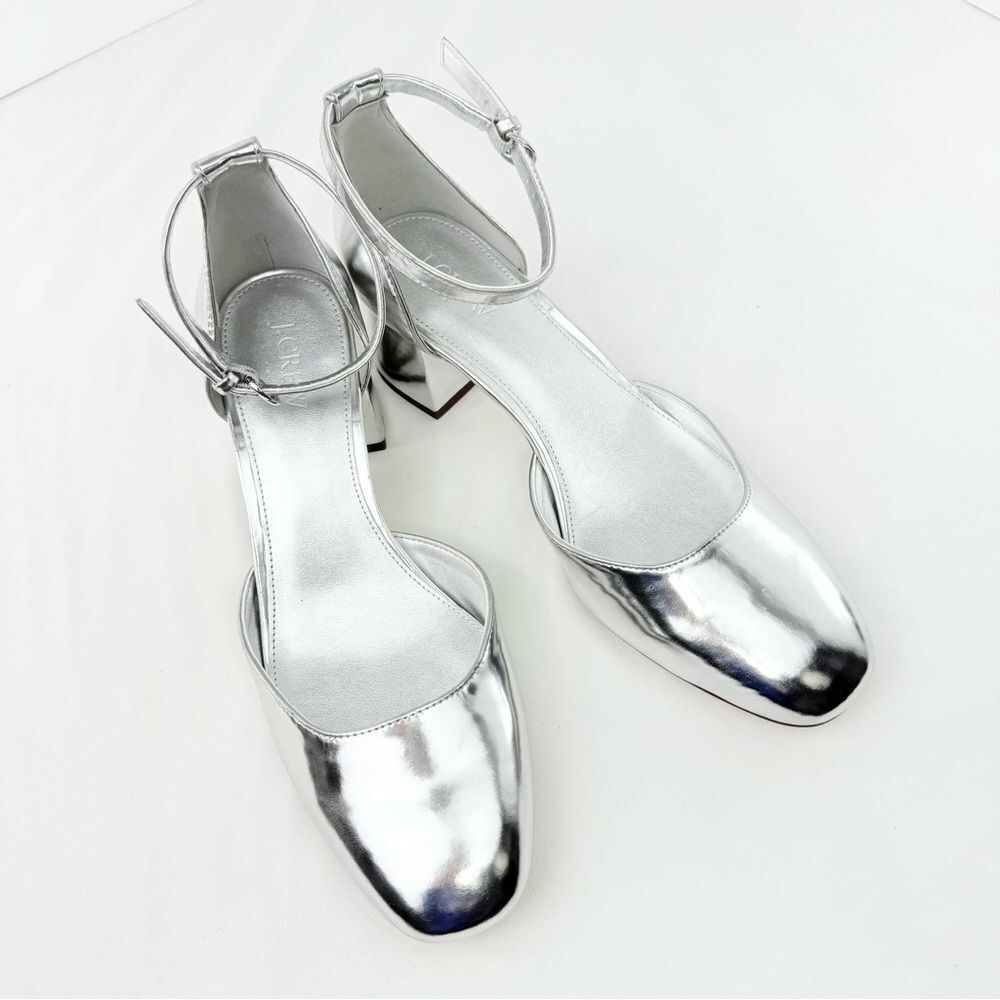 J. Crew Factory Silver Metallic Leather Closed Toe Block Heel Party Shoes
